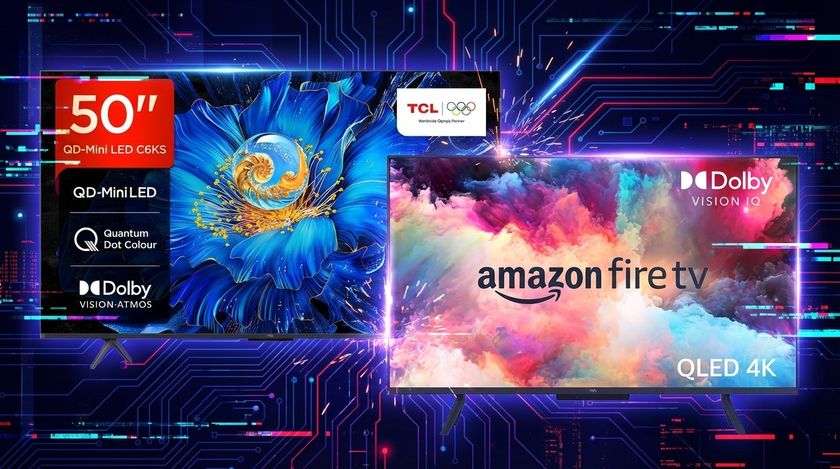 The 50-inch Amazon Fire TV Omni QLED and TCL C6KS TVs pictured against an abstract sci-fi background