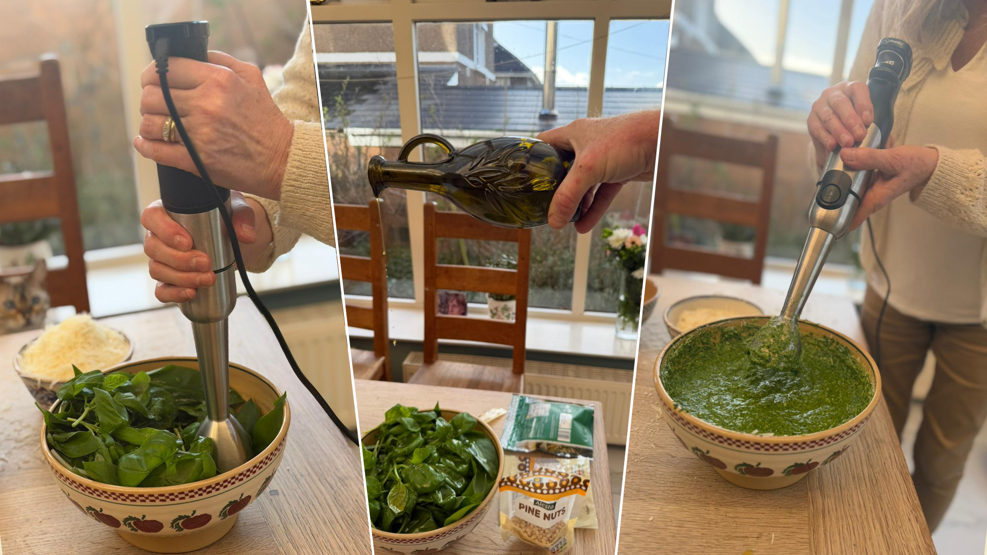 Three images of tester Hilary, aged 72, preparing wild garlic pesto using the Philips 3-in-1 Series 5000 Hand Blender.