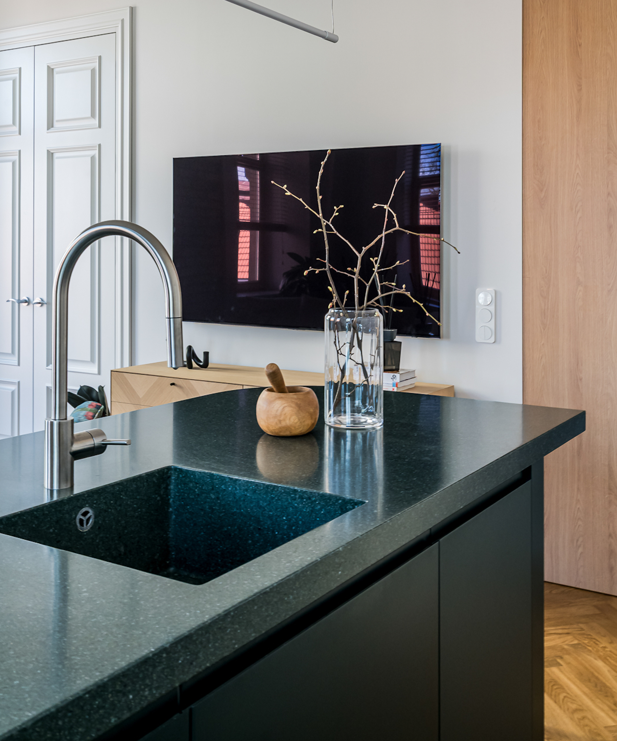 green island with sink and steel tap