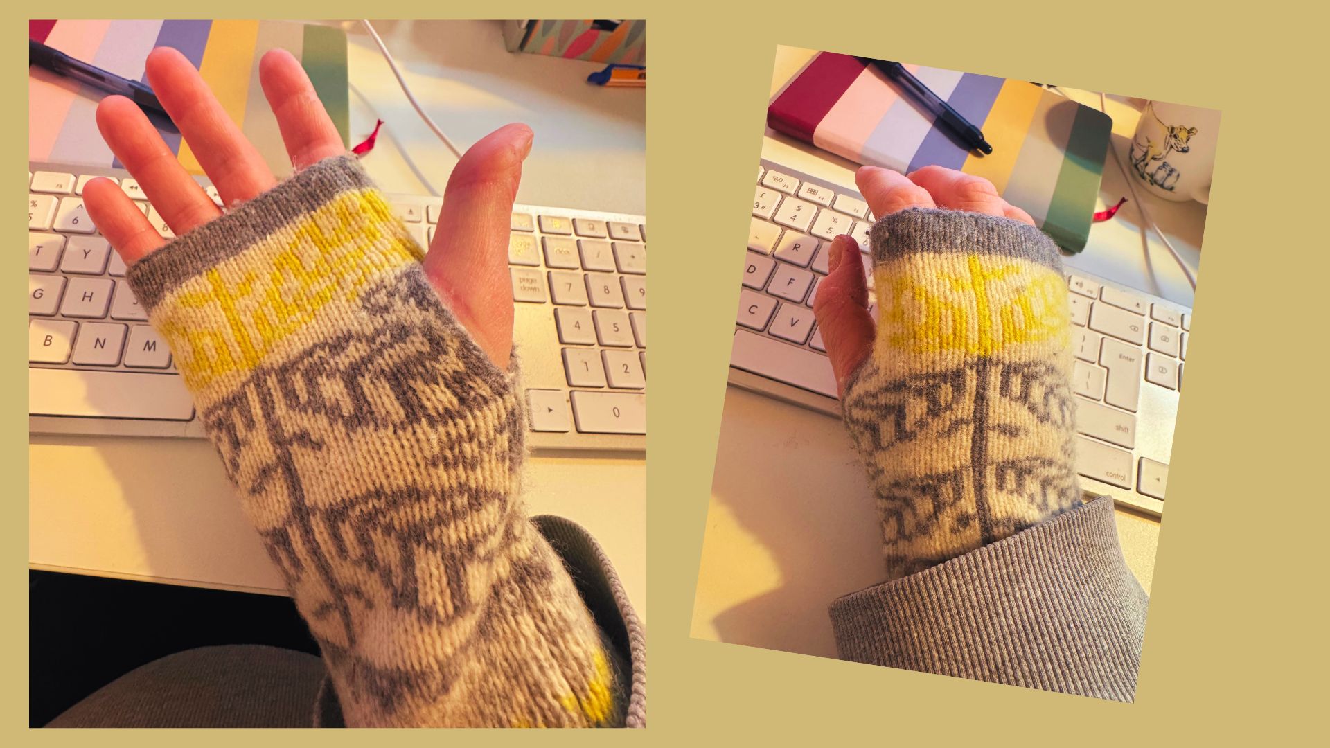 Hands wearing Seasalt wrist warmers while typing at a keyboard, keeping warm at a desk