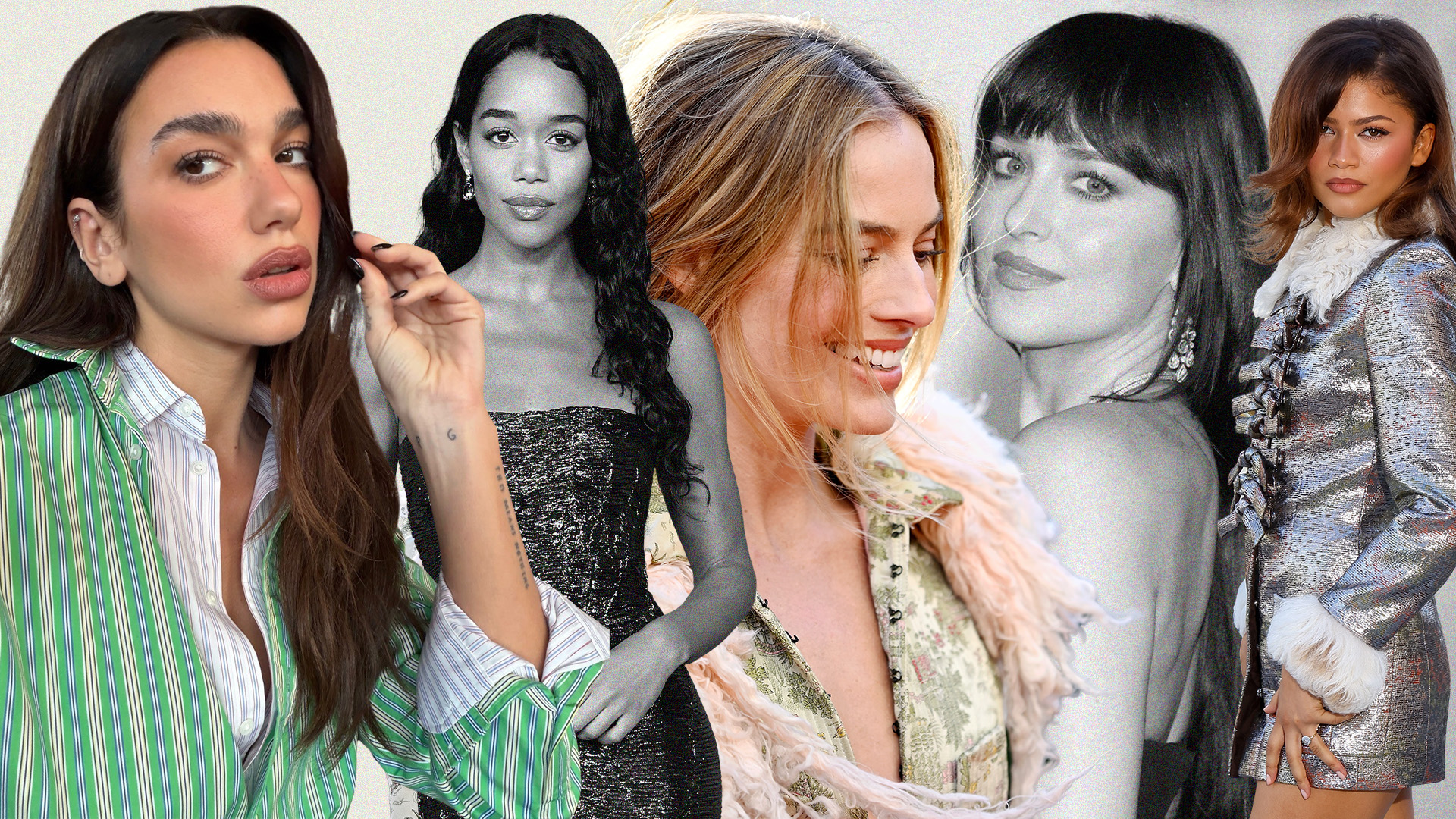 A collage of images from Instagram and Getty of celebrities Dua Lipa, Laura Harrier, Margot Robbie, Dakota Johnson, and Zendaya 