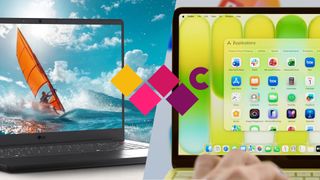 Split image: Left side shows a laptop with a vivid ocean and windsurfer on-screen, evoking adventure. Right side displays a hand using a colorful app interface on a second laptop, suggesting productivity and technology. In the center, a colorful geometric logo connects both images.