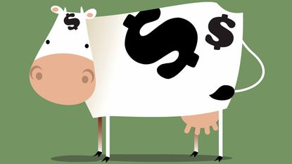 artist rendition of cow with dollar sign in the place of a spot