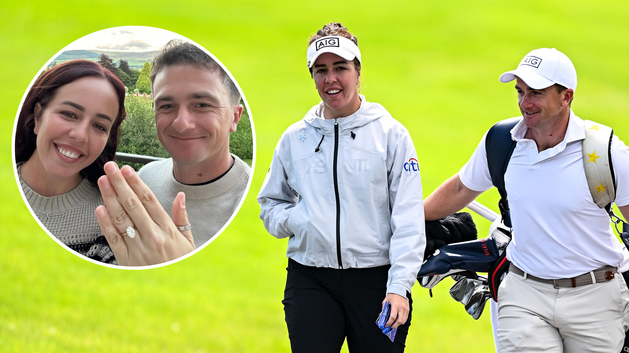 Georgia Hall and Paul Dunne posing with Georgia&#039;s engagement ring