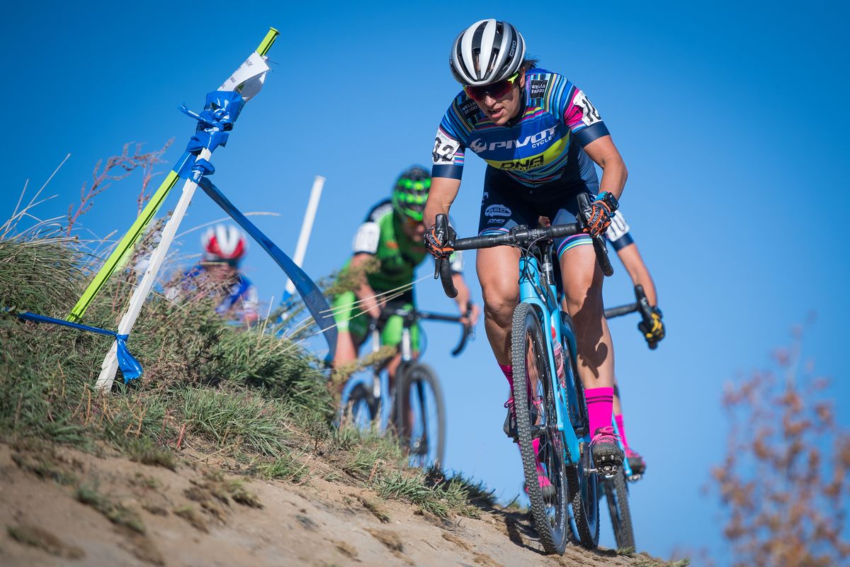 Riders negotiate an off-camber descent at the US Open of Cyclo-cross