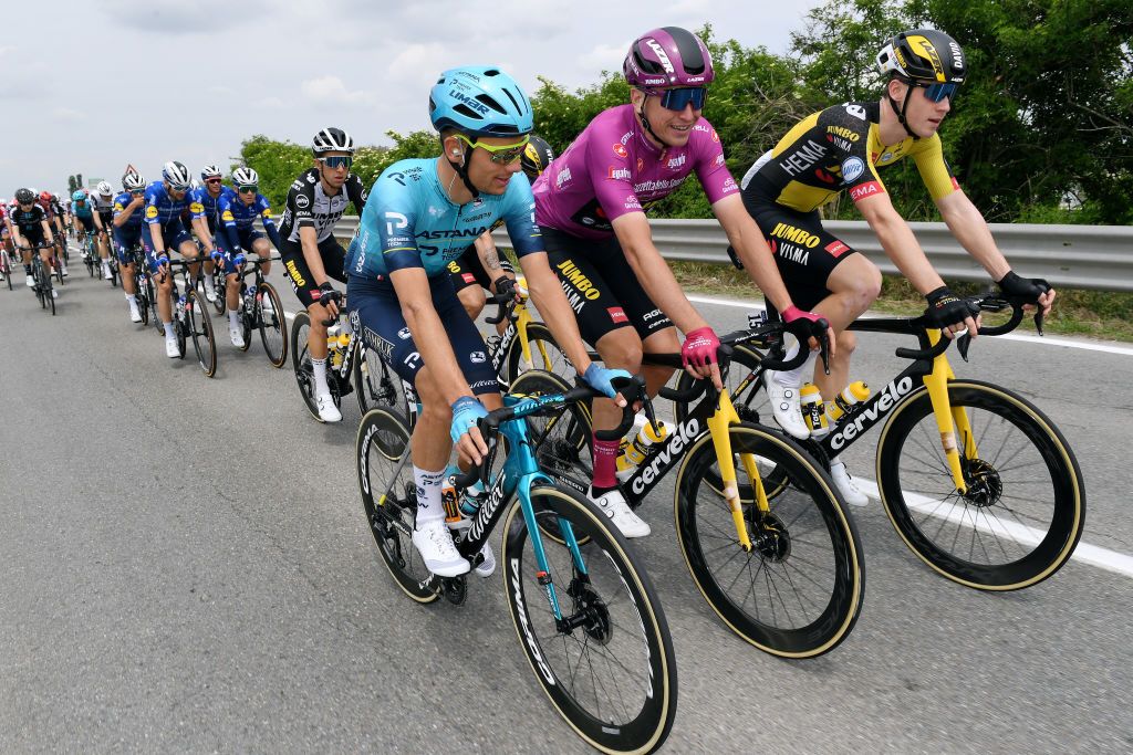 NOVARA ITALY MAY 09 Matteo Sobrero of Italy and Team Astana Premier Tech Edoardo Affini of Italy and Team Jumbo Visma Purple Points Jersey David Dekker of Netherlands and Team Jumbo Visma during the 104th Giro dItalia 2021 Stage 2 a 179km stage from Stupinigi Nichelino to Novara girodiitalia Giro UCIworldtour on May 09 2021 in Novara Italy Photo by Tim de WaeleGetty Images