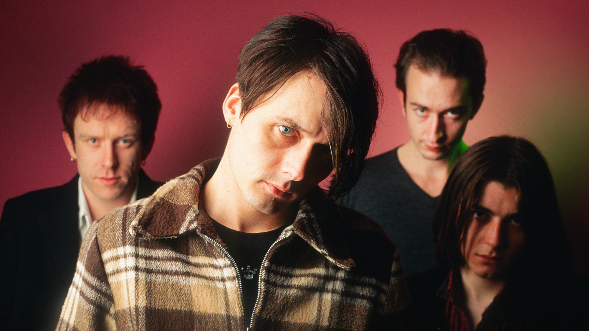 Studio portrait of Suede, Simon Gilbert, Brett Anderson, Mat Osman; Richard Oakes, Vooruit, Gent, Belgium, 25 November 1994.