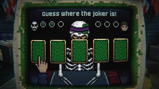 A skeleton asking players to pick where the joker card is in Steam Next Fest demo Is This Game Trying To Kill Me?