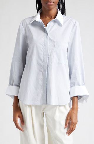 Pinstripe Cotton Poplin Button-Up Shirt