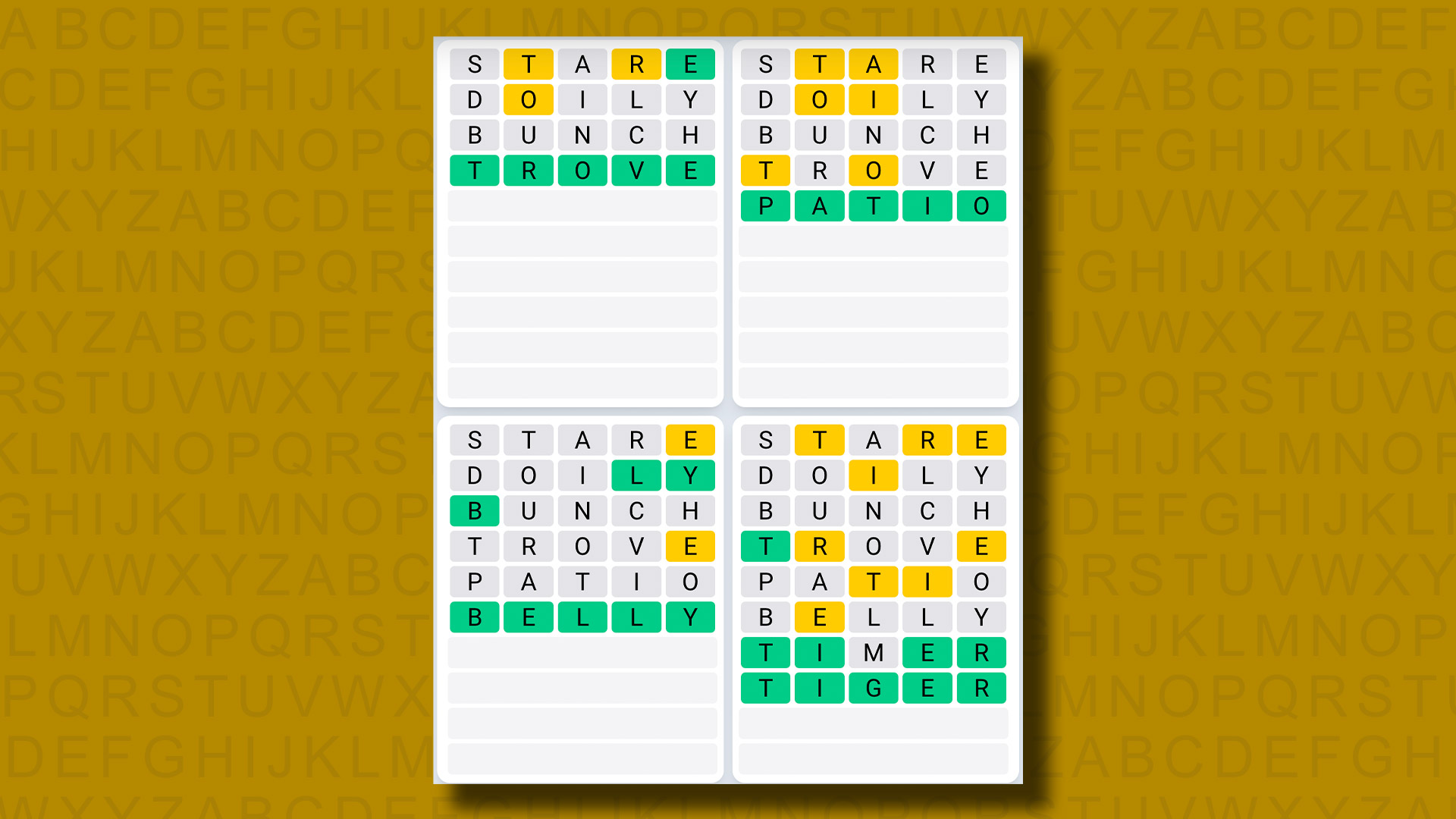 Quordle Daily Sequence Answers for Game 957 on a yellow background