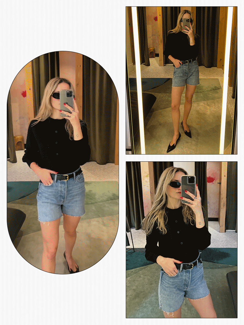 @elizagracehuber wearing a black cardigan and denim shorts from Aritzia.
