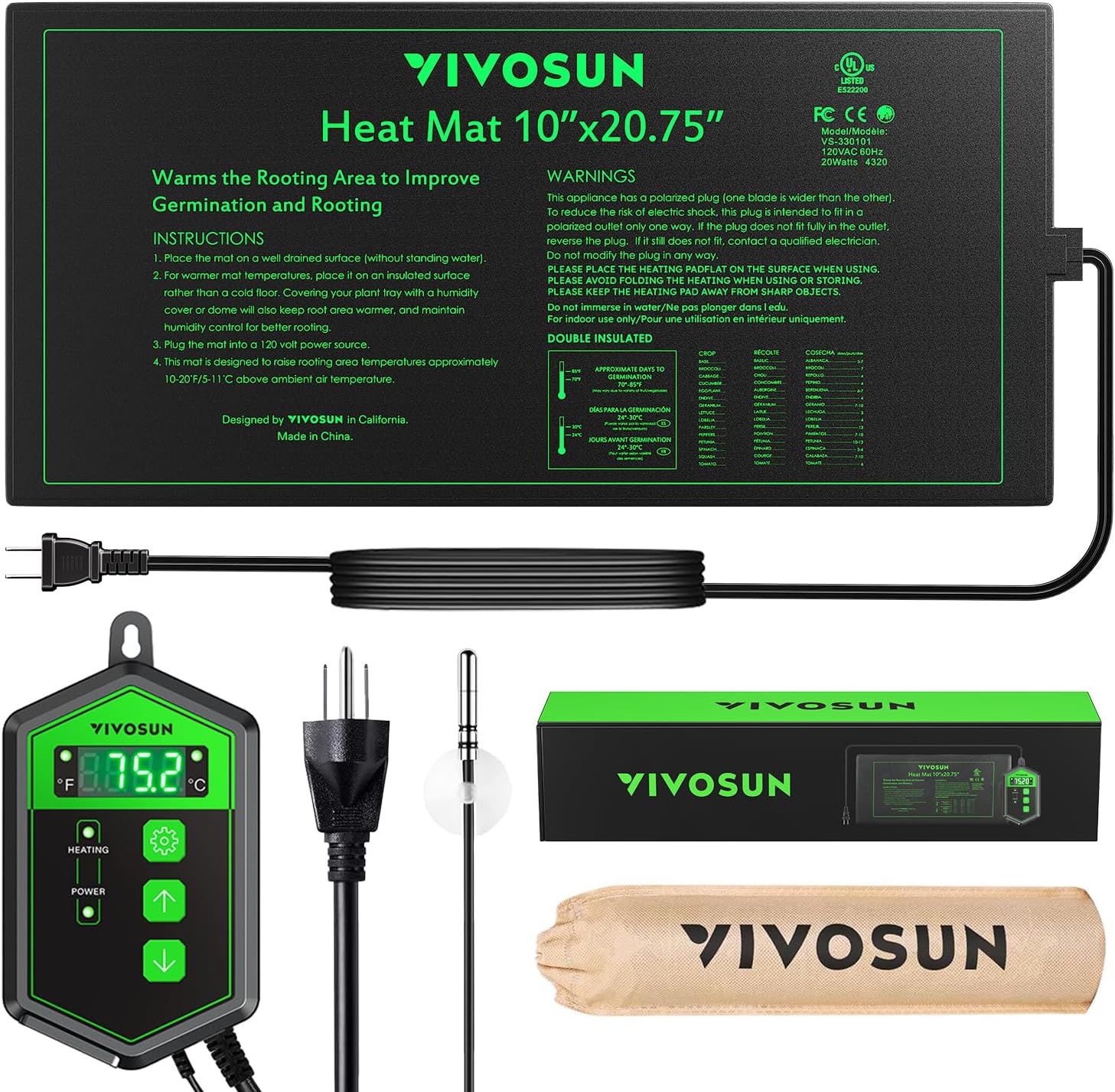 Vivosun 10&quot;x 20.75&quot; Seedling Heat Mat and Digital Thermostat Combo Set, Ul &amp;amp; Met-Certified Warm Hydroponic Heating Pad for Germination, Indoor Gardening, Greenhouse