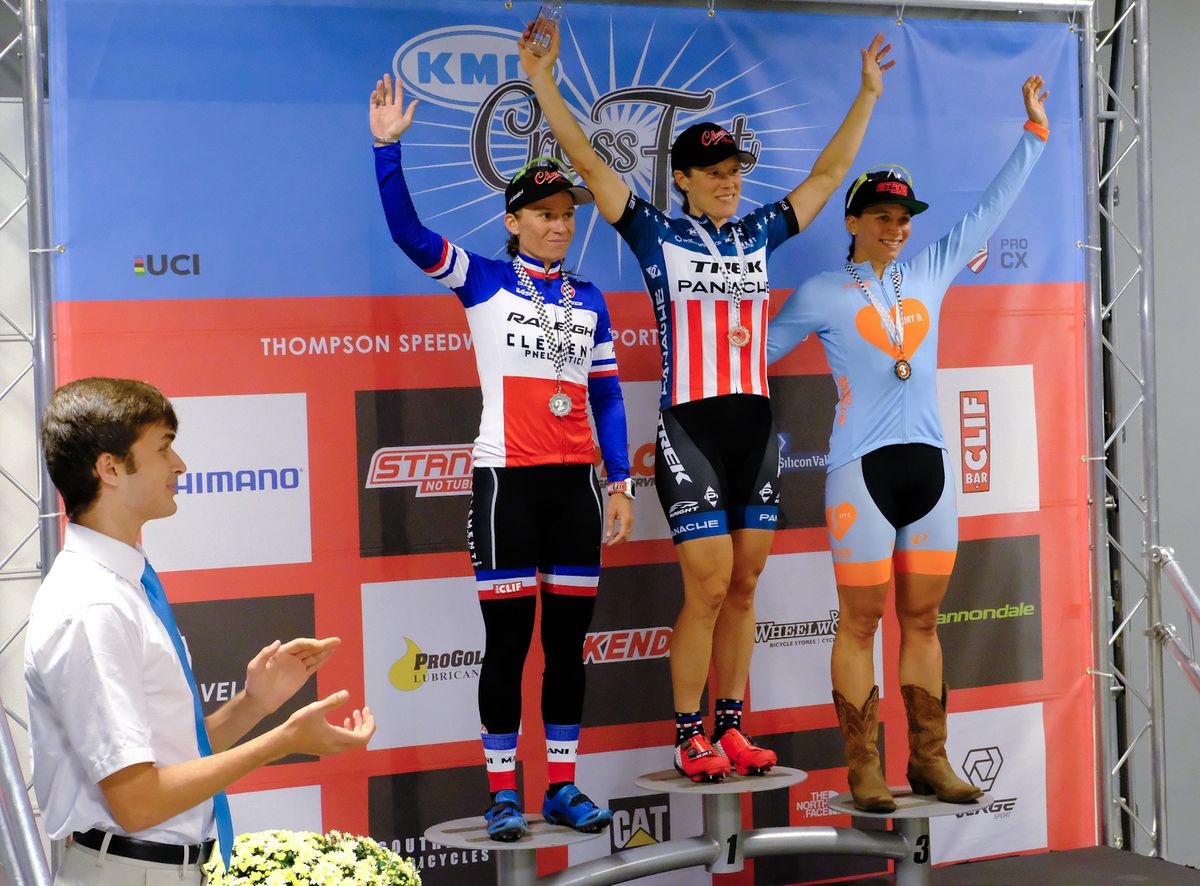Women&rsquo;s podium (L to R) Caroline Mani (Raleigh Clement) 2nd, Katie Compton (Trek Panache) 1st, Rebecca Fahringer (Amy D Foundation) 3rd