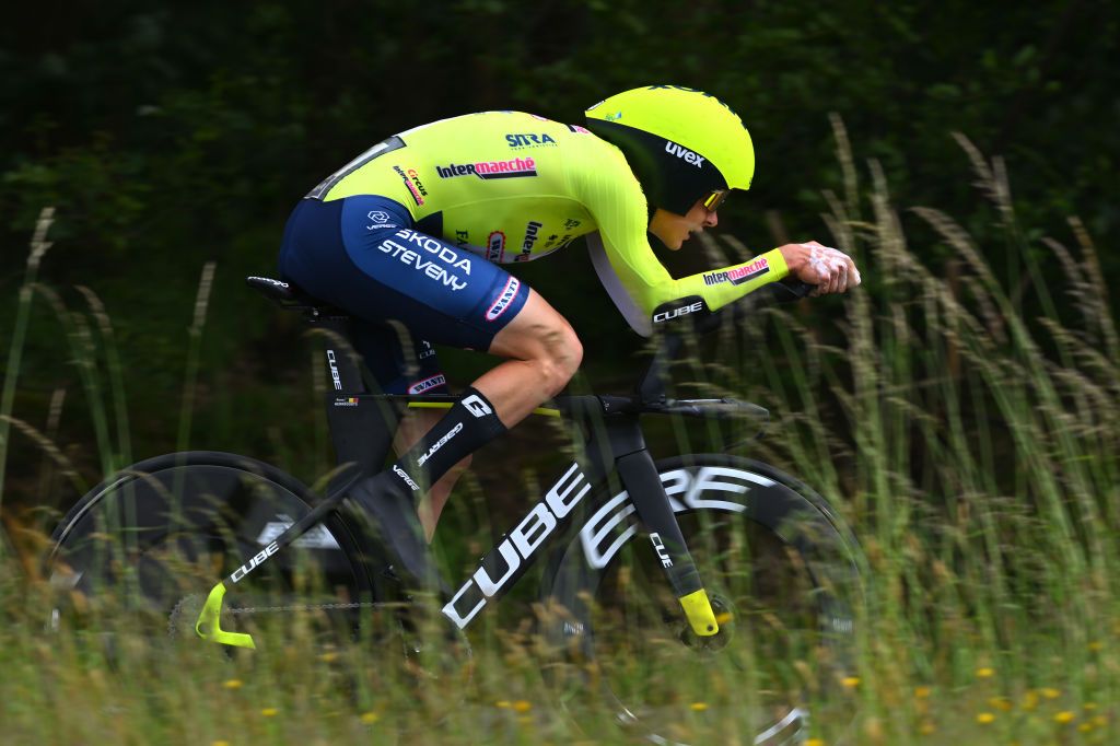 TURNHOUT BELGIUM JUNE 12 Rune Herregodts of Belgium and Team Intermarche Wanty sprints during the 93rd Baloise Belgium Tour 2024 Stage 1 a 12km individual time trial stage from Beringen to Beringen on June 12 2024 in Beringen Belgium Photo by Luc ClaessenGetty Images