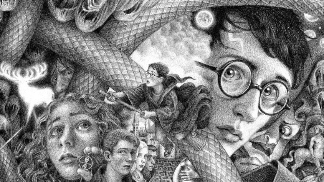 Black and white illustration montage of various Harry Potter characters