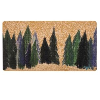 A jute doormat with green pine trees painted on