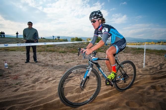 Caroline Mani (Raleigh Clement) takes in some of the sand while racing along the shores of Boulder Reservoir. Colorado Cross Classic.
