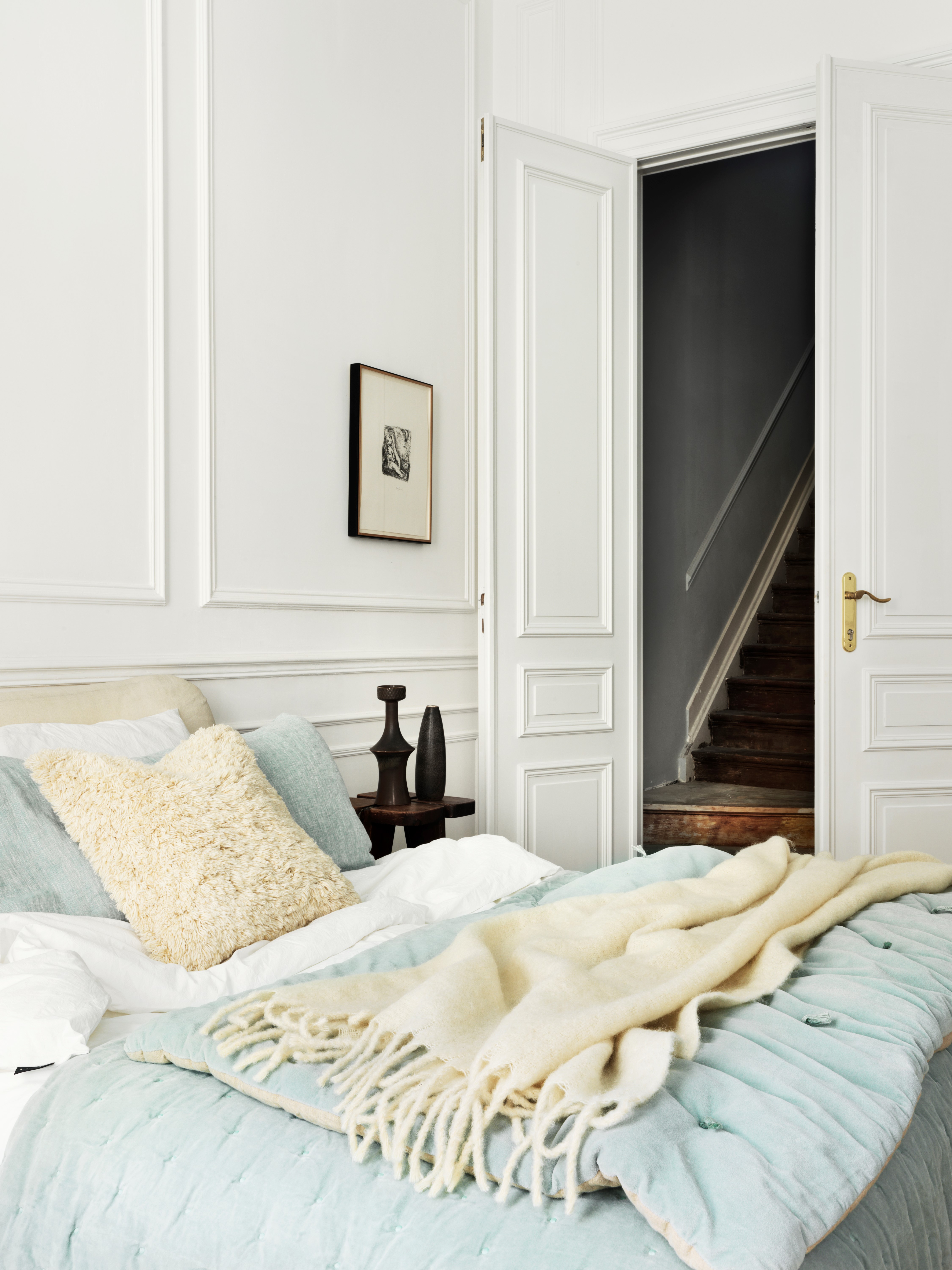 White bedroom by The French bedroom Company with duck egg throw and cream cushions