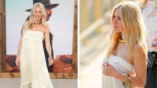 On the left, Sienna Miller is pictured wearing a cream dress and a cream manicure whilst arriving at the US Premiere Of "Horizon: An American Saga - Chapter 1" at Regency Village Theatre on June 24, 2024 in Los Angeles, California and on the right, Sienna Miller is seen with a cream manicure at "Jimmy Kimmel Live!" on June 24, 2024 in Los Angeles, California.