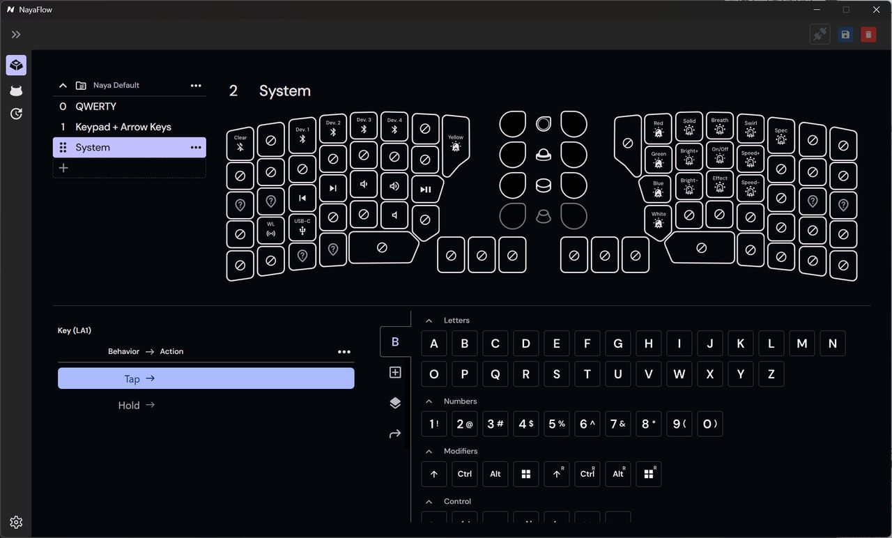 A screenshot of the early September 2025 version of the NayaFlow app for the Naya Create keyboard