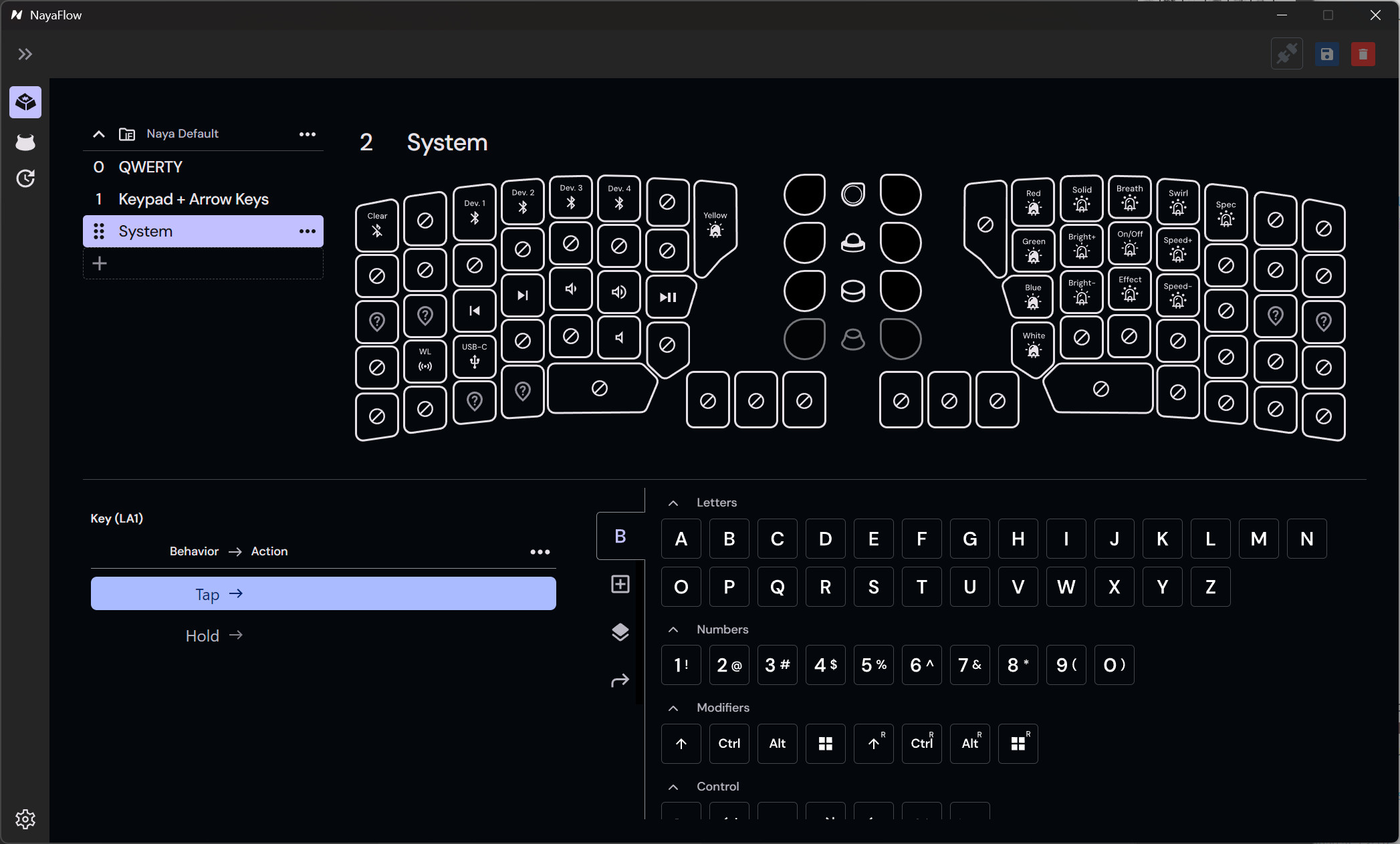 A screenshot of the early September 2025 version of the NayaFlow app for the Naya Create keyboard