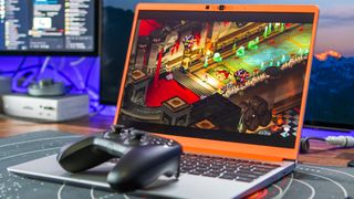 Framework Laptop Chromebook Edition playing Hades on Steam with SteelSeries controller