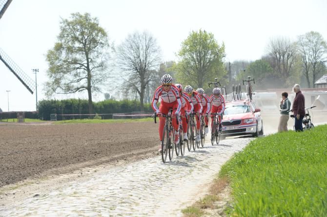 Katusha out on the pave getting ready for Sunday