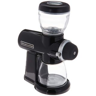 A black KitchenAid burr grinder on a white background
