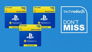Three PS Store credit cards on a blue background with white don't miss imagery