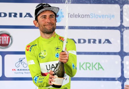 Diego Ulissi in the leader's green jersey in Slovenia