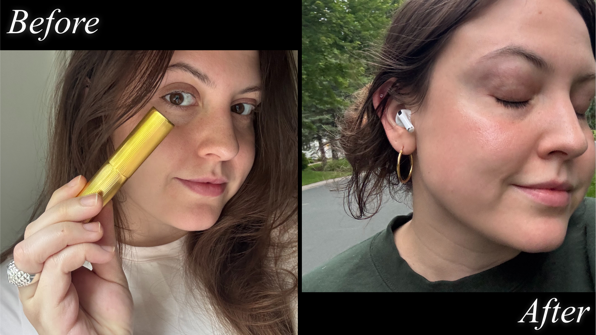 Contributing beauty writer Sophia Vilensky before and after testing VBB's highlighter.