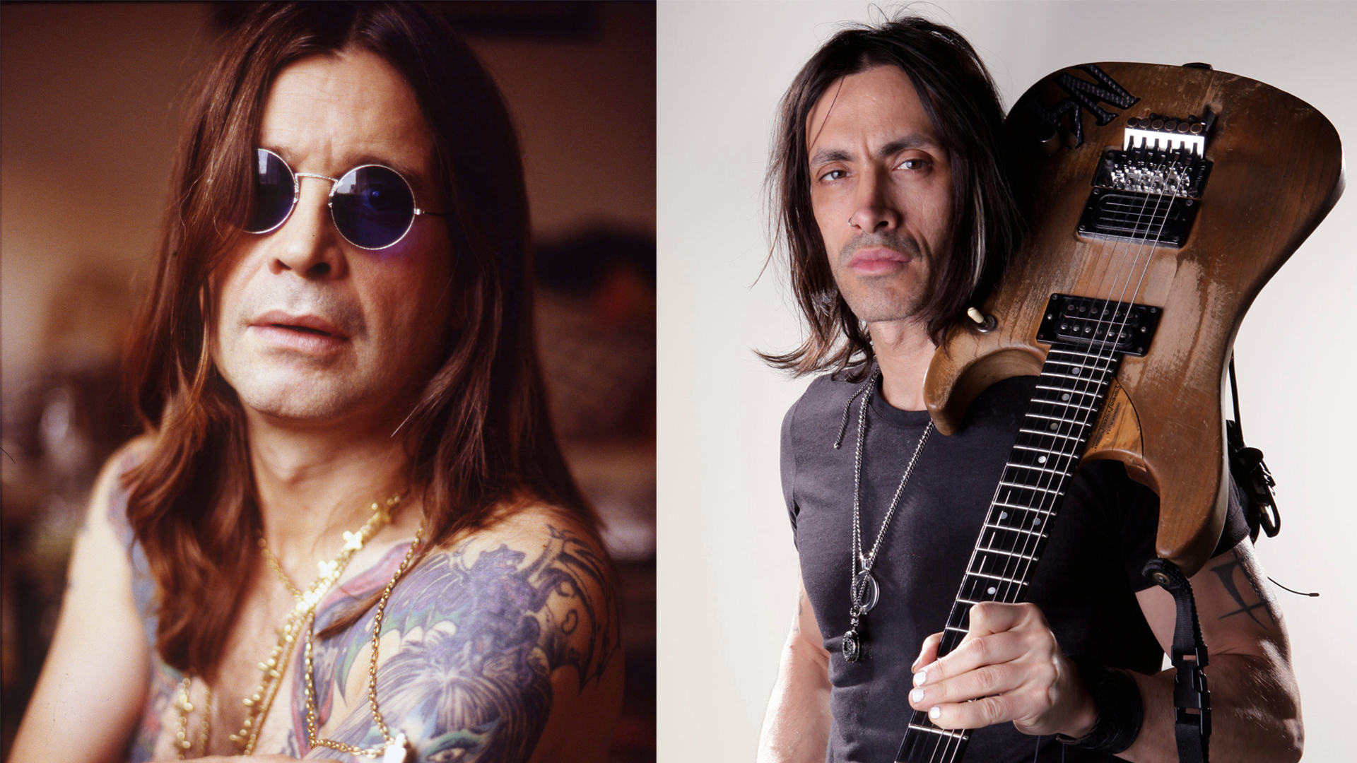 LEFTL Ozzy Osbourne, portrait, London , United Kingdom, 1991. RIGHT: Nuno Bettencourt, lead guitarist of American rock band Extreme and current touring guitarist for Rihanna, during a portrait shoot for Guitarist Magazine, December 22, 2011