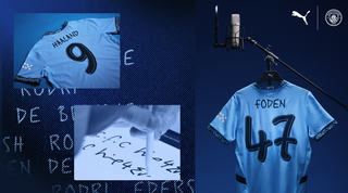 Manchester City's home shirt for the 2024/25 season with Noel Gallagher's handwriting as the font