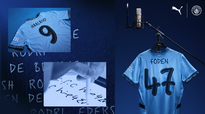 Manchester City&#039;s home shirt for the 2024/25 season with Noel Gallagher&#039;s handwriting as the font