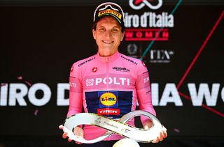 LAQUILA ITALY JULY 14 Elisa Longo Borghini of Italy and Team Lidl Trek Pink Leader Jersey celebrates at podium as overall final race winner during the 35th Giro dItalia Women 2024 Stage 8 a 117km stage from Pescara to LAquila UCIWWT on July 14 2024 in LAquila Italy Photo by Luc ClaessenGetty Images