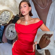 a collage of celebrity and influencer imagery featuring fine-jewelry shopping finds