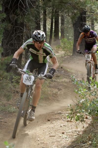 Alex Grant leads Barry Wicks on the flowy trails of Bend