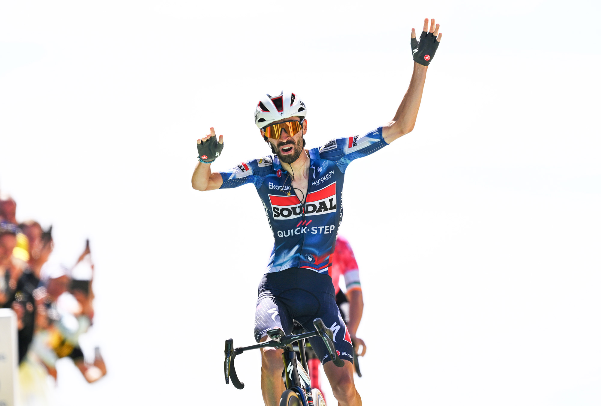 MONT VENTOUX, FRANCE - JULY 22: Valentin Paret-Peintre of France and Team Soudal Quick-Step celebrates at finish line as stage winner during the 112th Tour de France 2025, Stage 16 a 171.5km stage from Montpellier to Mont Ventoux 1902m / #UCIWT / on July 22, 2025 in Mont Ventoux, France. (Photo by Tim de Waele/Getty Images)