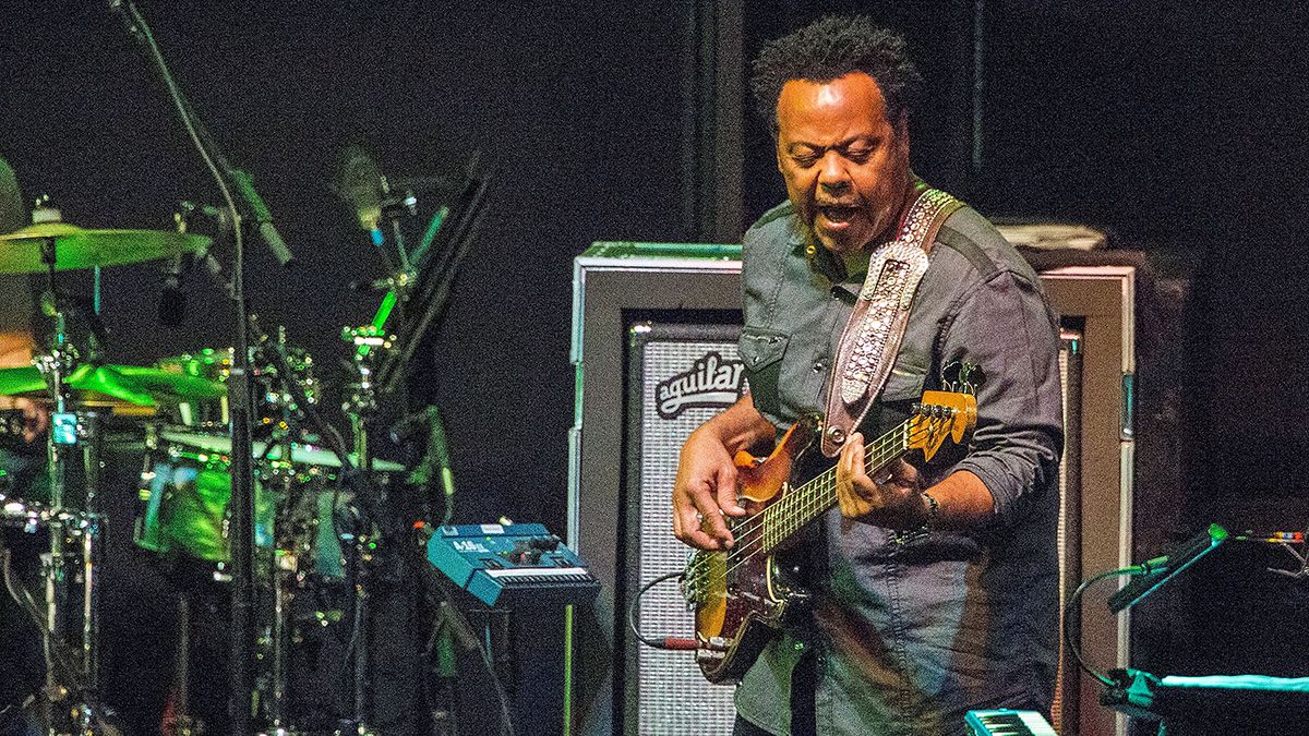 Bassist Freddie Washington of Steely Dan performs on stage during their Rockabye Gollie Angel Tour at Humphrey&#039;s Concerts By The Bay on April 19, 2015 in San Diego, California. 