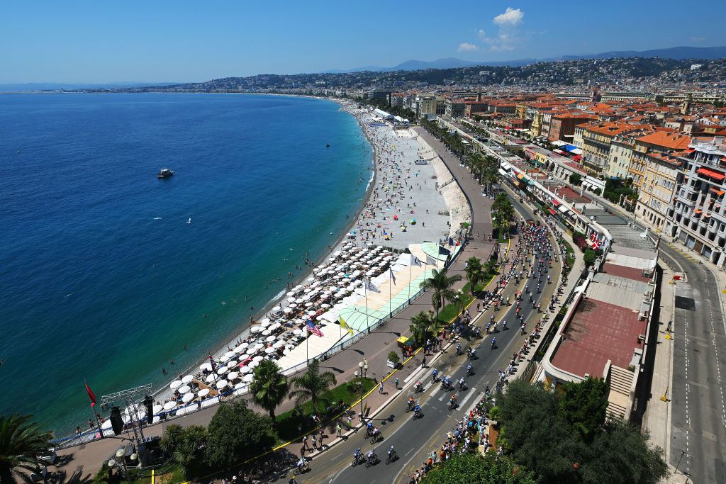 NICE FRANCE JULY 20 A general view of the peloton passing through a Nice at start during 111th Tour de France 2024 Stage 20 a 1328km stage from Nice to Col de la Couillole 1676m UCIWT on July 20 2024 in Nice France Photo by Dario BelingheriGetty Images