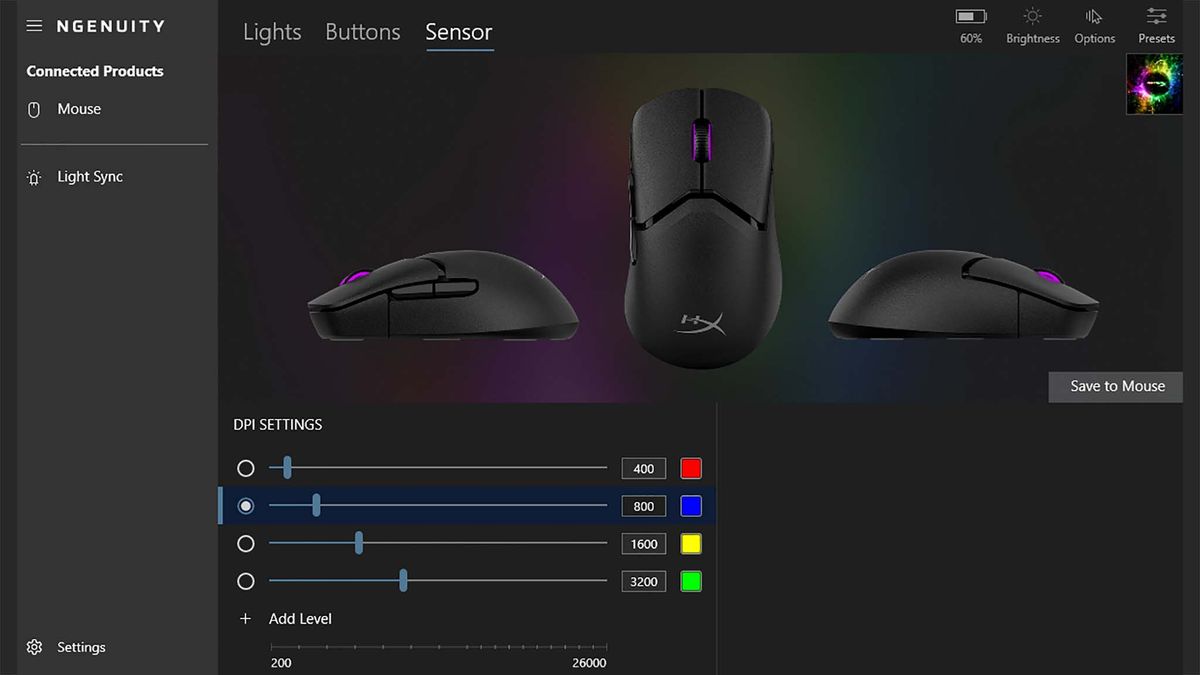 DPI sliders in the NGENUITY app, changing the settings for HyperX Pulsefire Saga Pro.