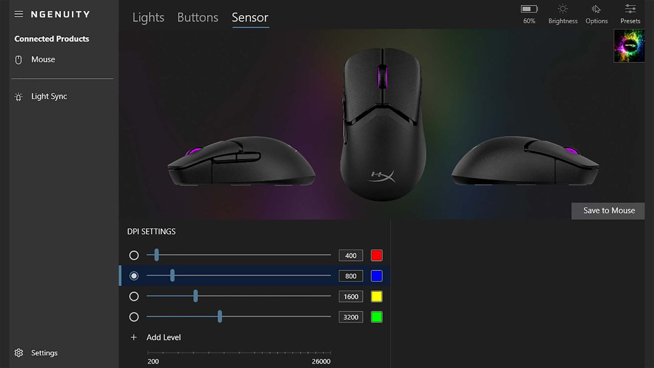 DPI sliders in the NGENUITY app, changing the settings for HyperX Pulsefire Saga Pro.