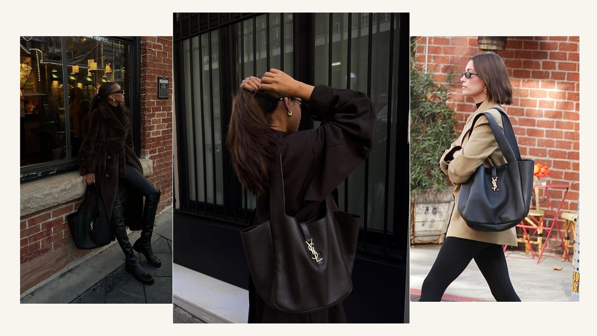 Jas Tookes, Emily Lindmark and Hailey Bieber wearing the YSL tote bag.