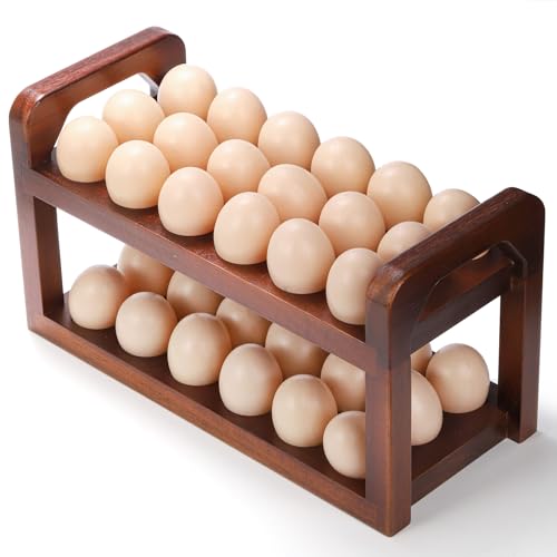 Youeon Acacia Wooden Egg Holder Countertop With Carry Handle, Wood Egg Tray for 36 Eggs, Deviled Egg Plates, Egg Storage for Fresh Eggs, Cake Pops, Rustic Decor