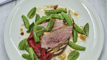 Lamb steak with aubergine and Romano peppers