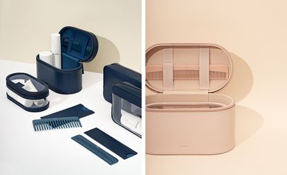 Make-up and cosmetics cases with combs and holders by Nuori in navy blue and neutral pink colour
