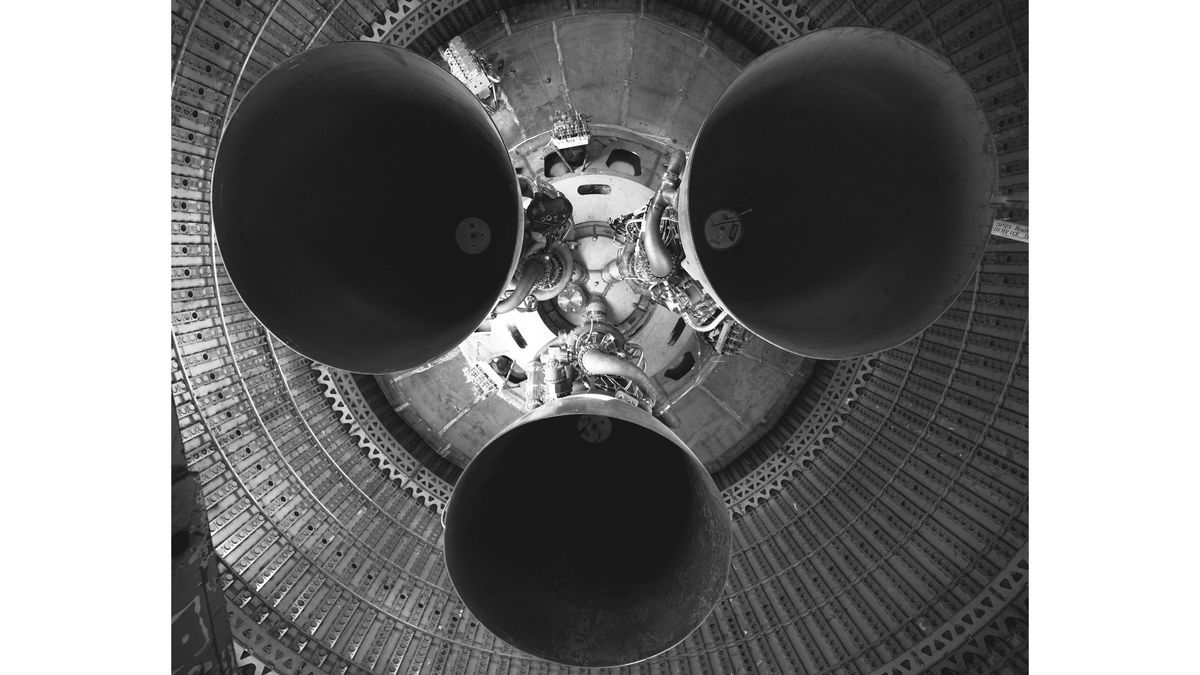 SpaceX&rsquo;s founder and chief executive Elon Musk shared black-and-white images on Sept. 26, 2019, showing off the three Raptor engines on the Starship prototype.