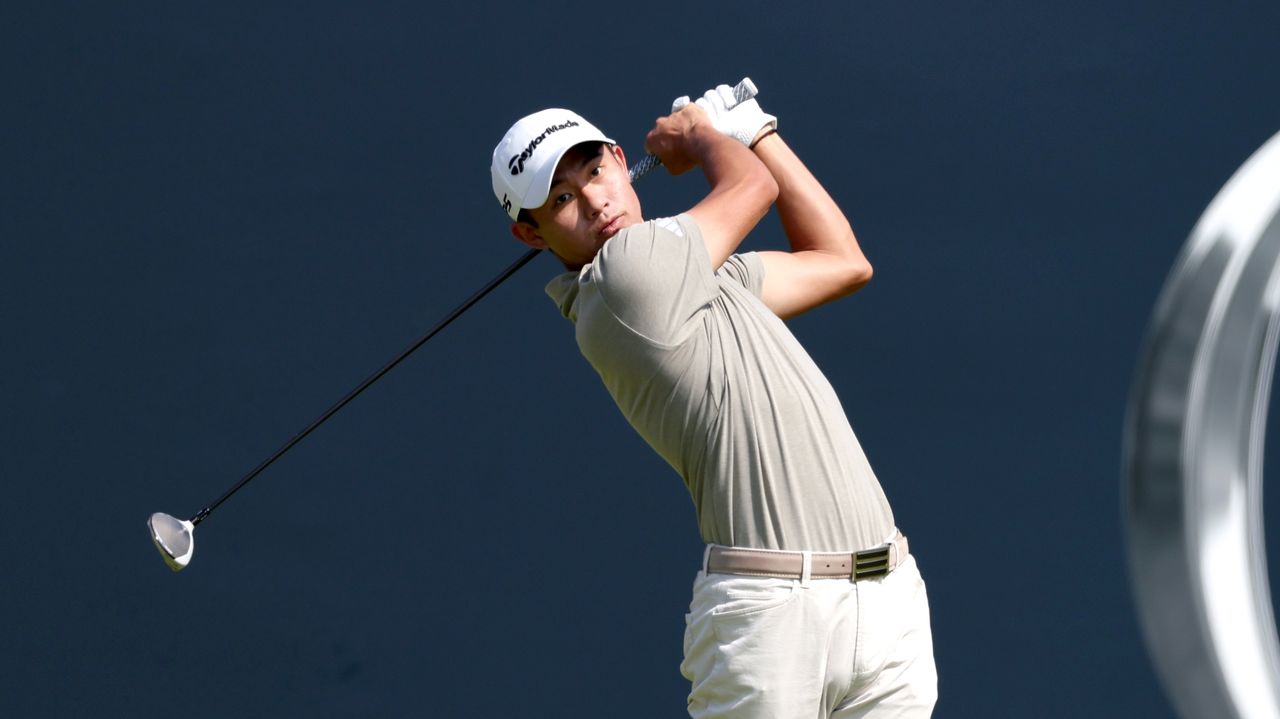 Collin Morikawa tees off on the 1st hole on Day One of the Open.