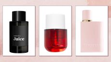 A selection of strawberry perfumes from brands including Commodity, Phlur and Burberry/ in a pink template