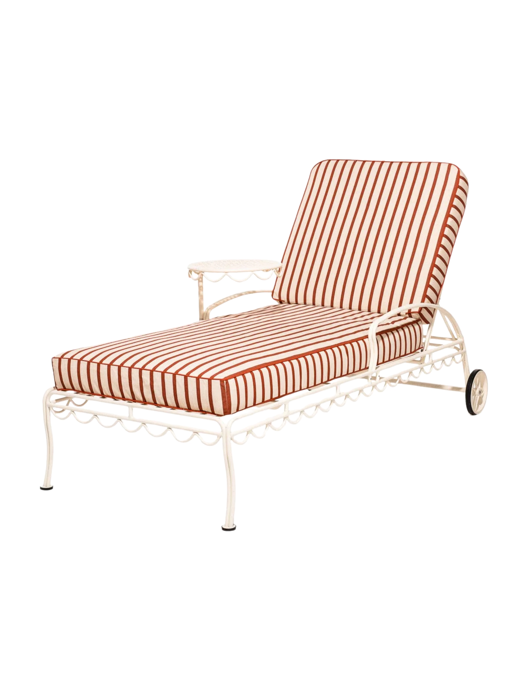 A striped, red and white sun lounger with antique iron body.